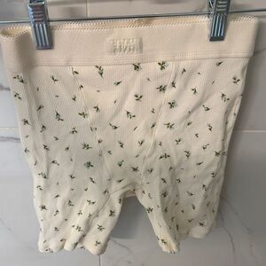 SKIMS Cream Ribbed Boxer Shorts with Green Floral Print